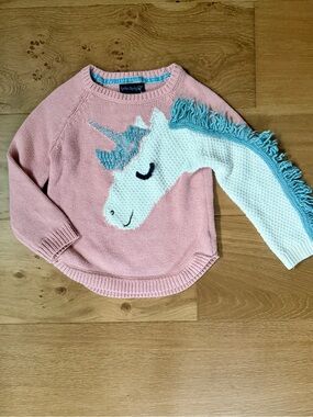 Cynthia Rowley Girls 3D Fringe Unicorn Cotton Sweater Small/4 Muted Pink Cutesy